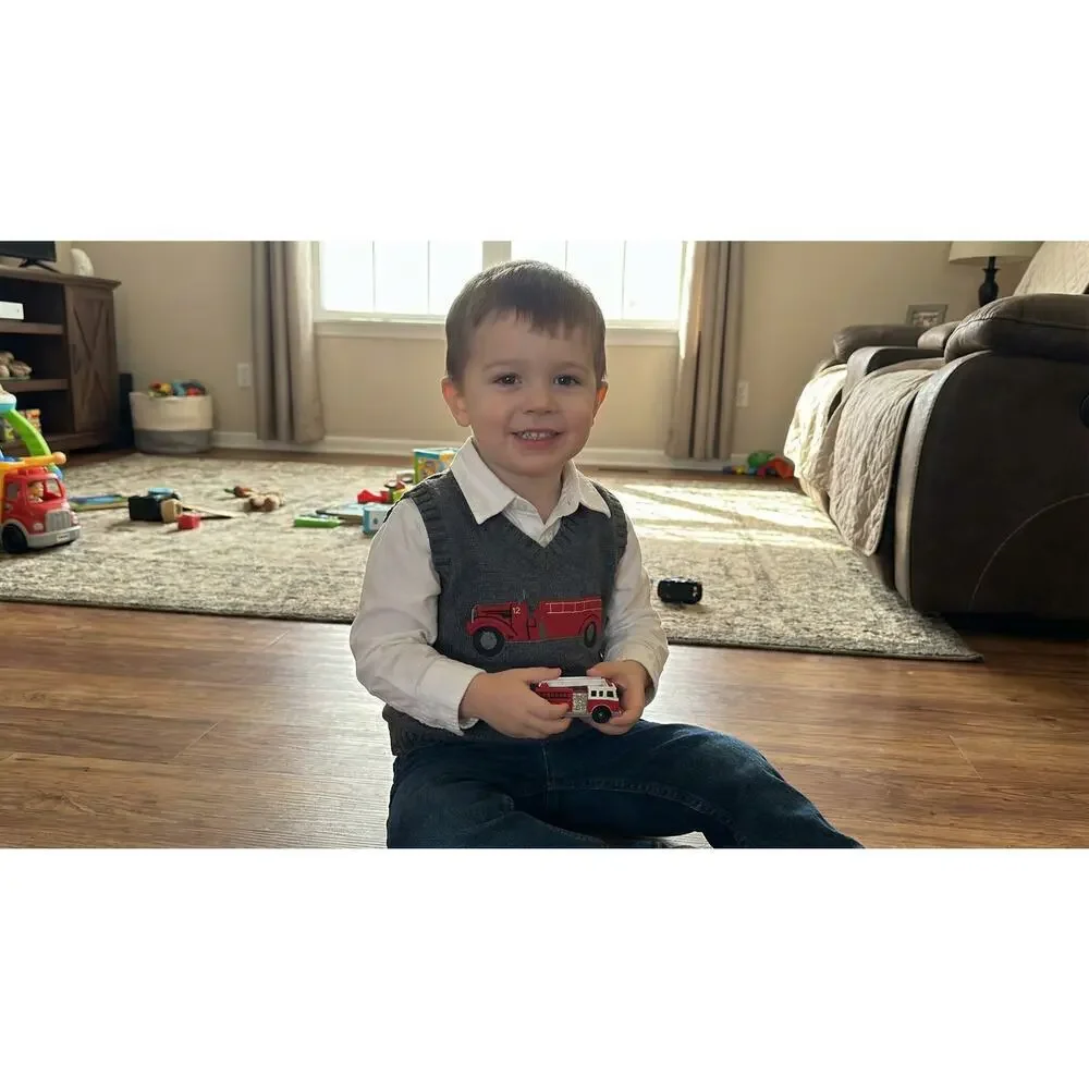 Gymboree boys size 6-12 month gray sweater vest with an embroidered fire engine​